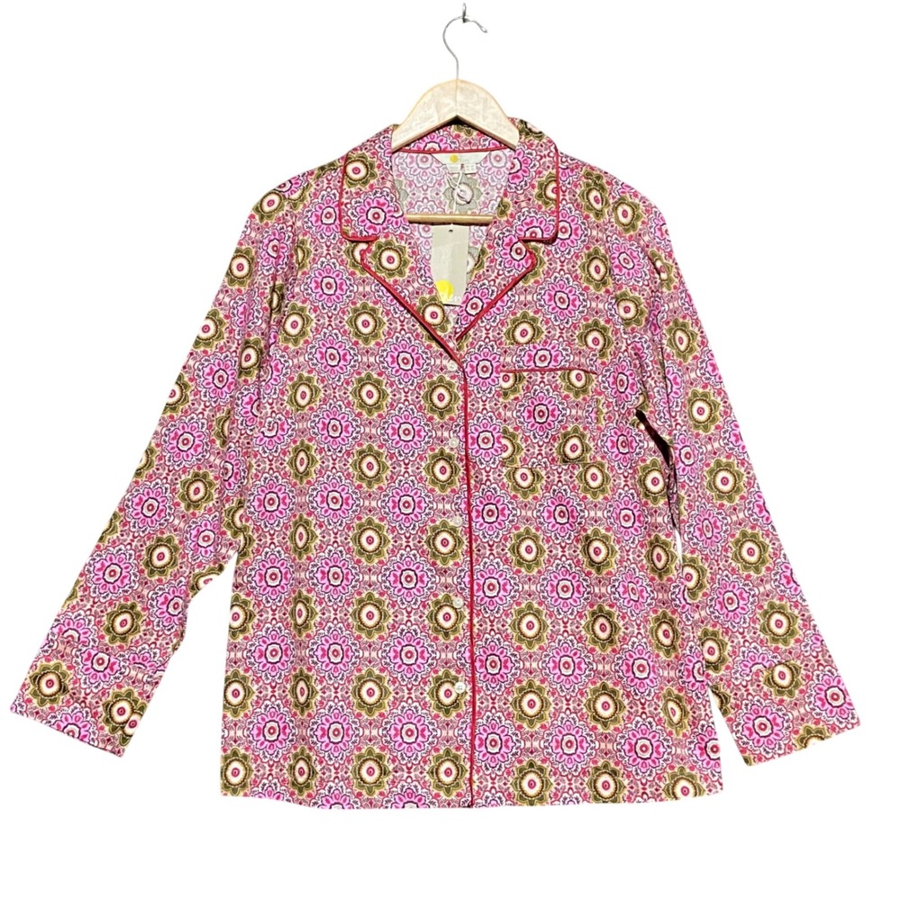 Boden Janie Pajama Top N0006 US 10 UK 14 Pink Green Medallion Cotton Sleep NWT